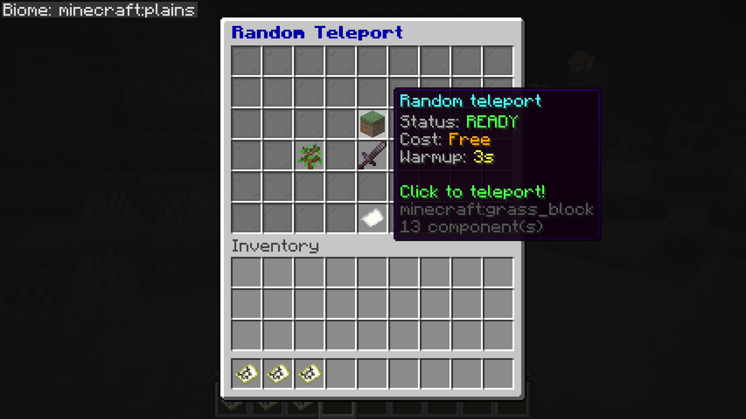 In-game destination menu: the teleport tile shows status, cost and warmup