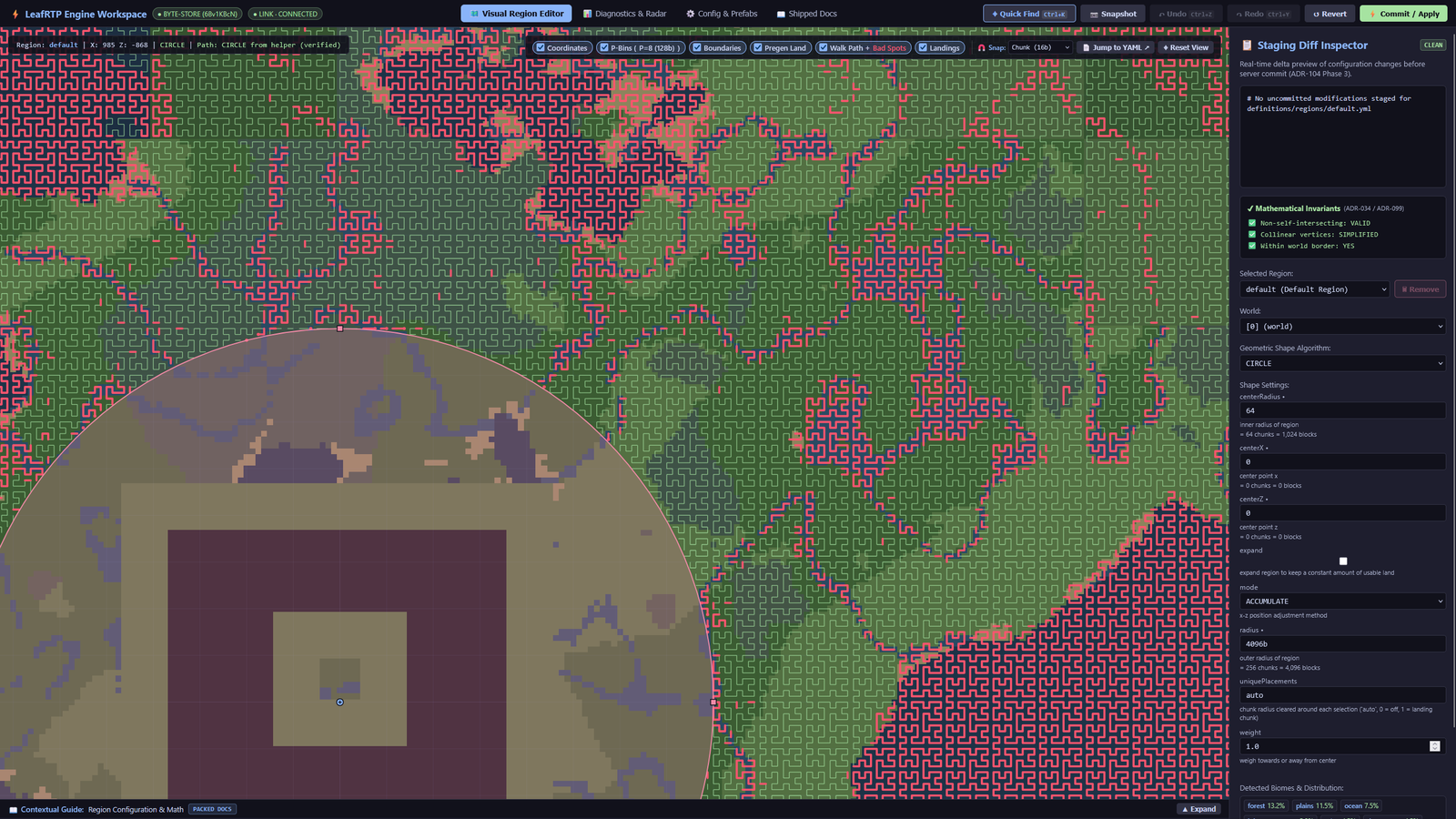 Web editor view of the scan walk over a region, with rejected spots marked in red